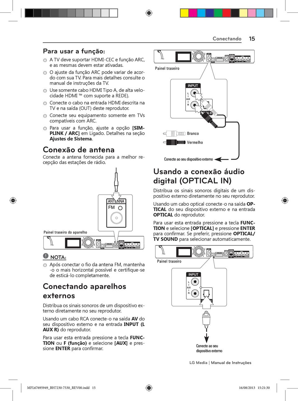 Conecte o cabo na entrada HDMI descrita na TV e na saída (OUT) deste reprodutor. Conecte seu equipamento somente em TVs compatíveis com ARC.