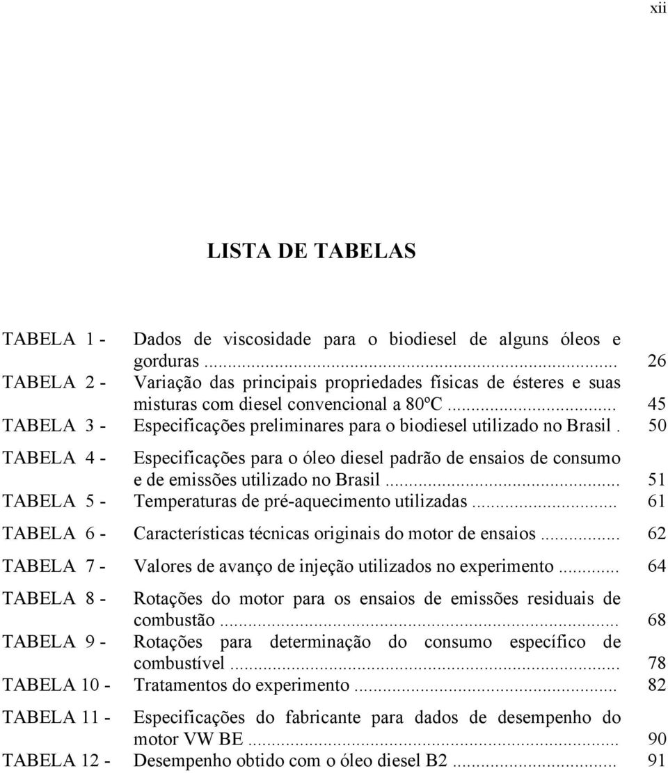 50 TABELA 4 - Especificações para o óleo diesel padrão de ensaios de consumo e de emissões utilizado no Brasil... 51 TABELA 5 - Temperaturas de pré-aquecimento utilizadas.