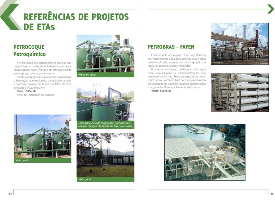 Vazão: 150m³/h Fotos da montagem da estação: Filtros de areia PETROBRAS - FAFEN Fornecimento em regime Turn Key Sistema de Tratamento de água para uso industrial e água desmineralizada, a partir de