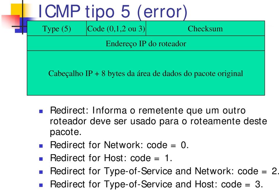 ser usado para o roteamente deste pacote. Redirect for Network: code = 0.