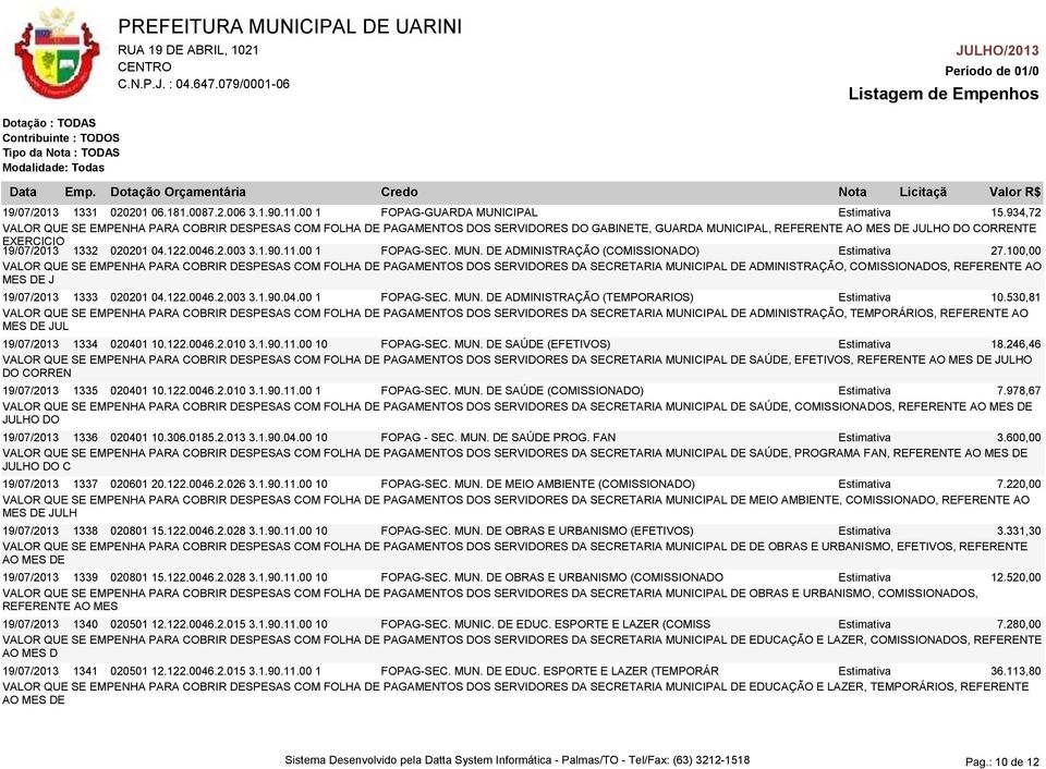 0046.2.003 3.1.90.11.00 1 FOPAG-SEC. MUN. DE ADMINISTRAÇÃO (COMISSIONADO) Estimativa 27.