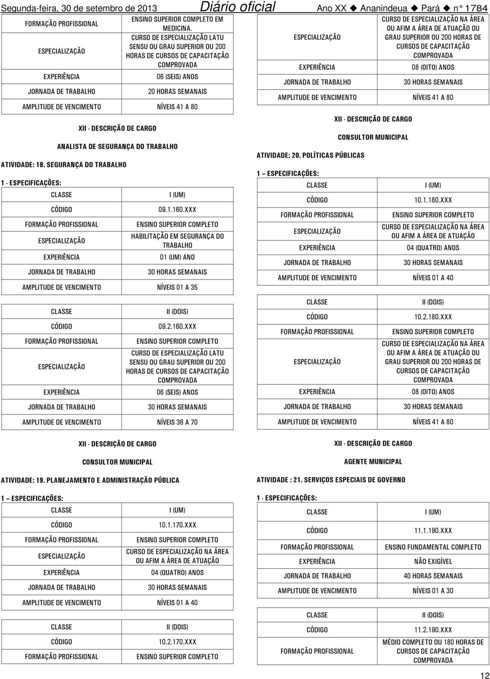 ANALISTA DE SEGURANÇA DO TRABALHO ATIVIDADE: 18. SEGURANÇA DO TRABALHO 1 - ESPECIFICAÇÕES: ESPECIALIZAÇÃO I (UM) 09.1.160.