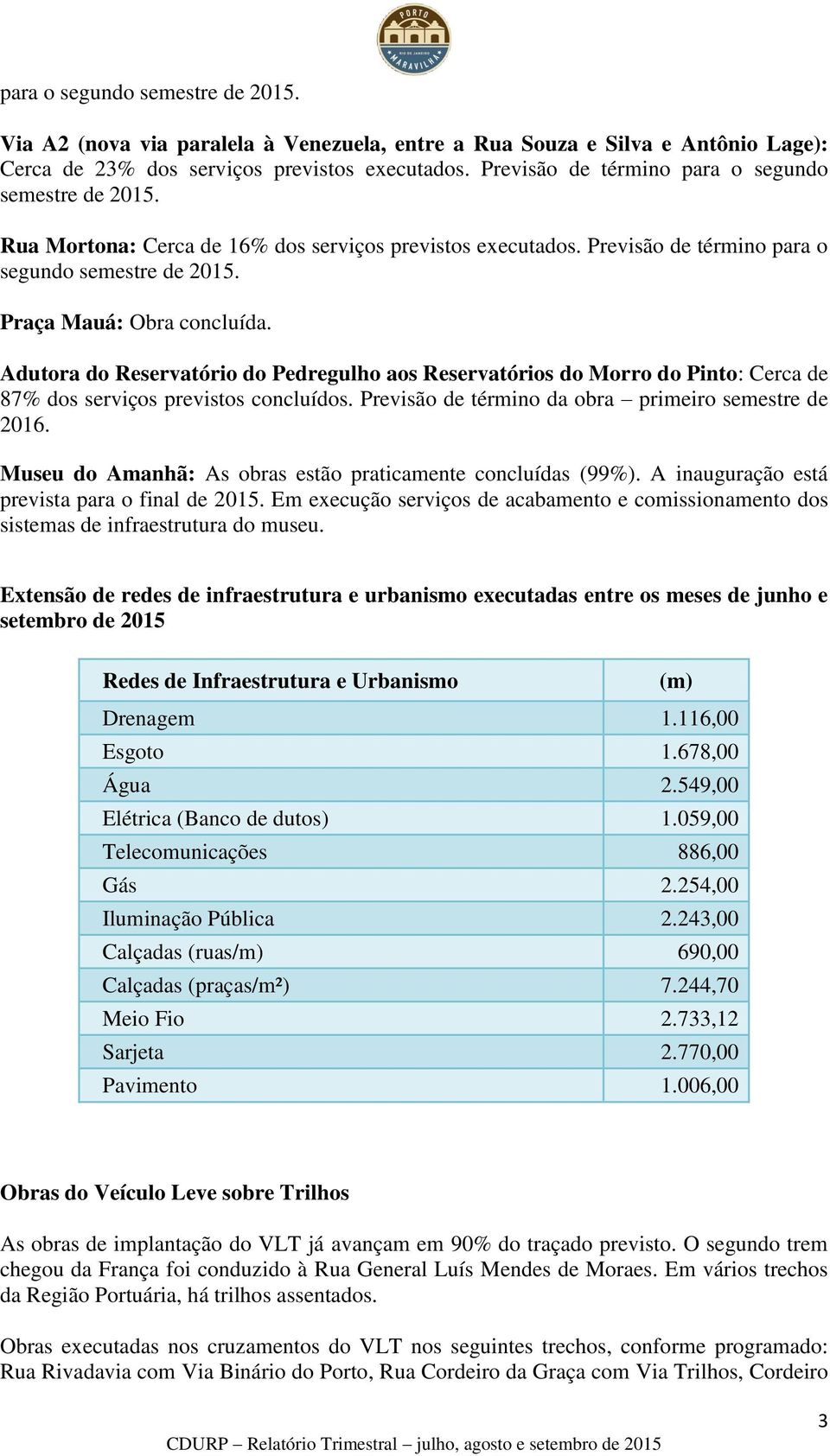 Adutora do Reservatório do Pedregulho aos Reservatórios do Morro do Pinto: Cerca de 87% dos serviços previstos concluídos. Previsão de término da obra primeiro semestre de 2016.