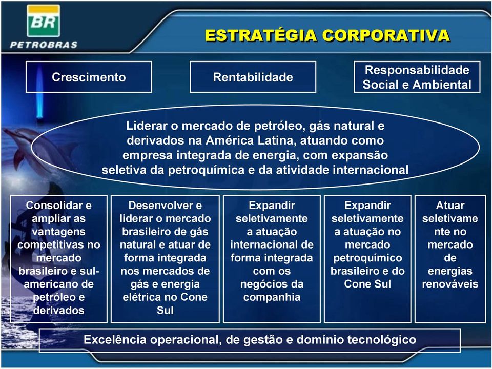 liderar o mercado brasileiro de gás natural e atuar de forma integrada nos mercados de gás e energia elétrica no Cone Sul Expandir seletivamente a atuação internacional de forma integrada com os