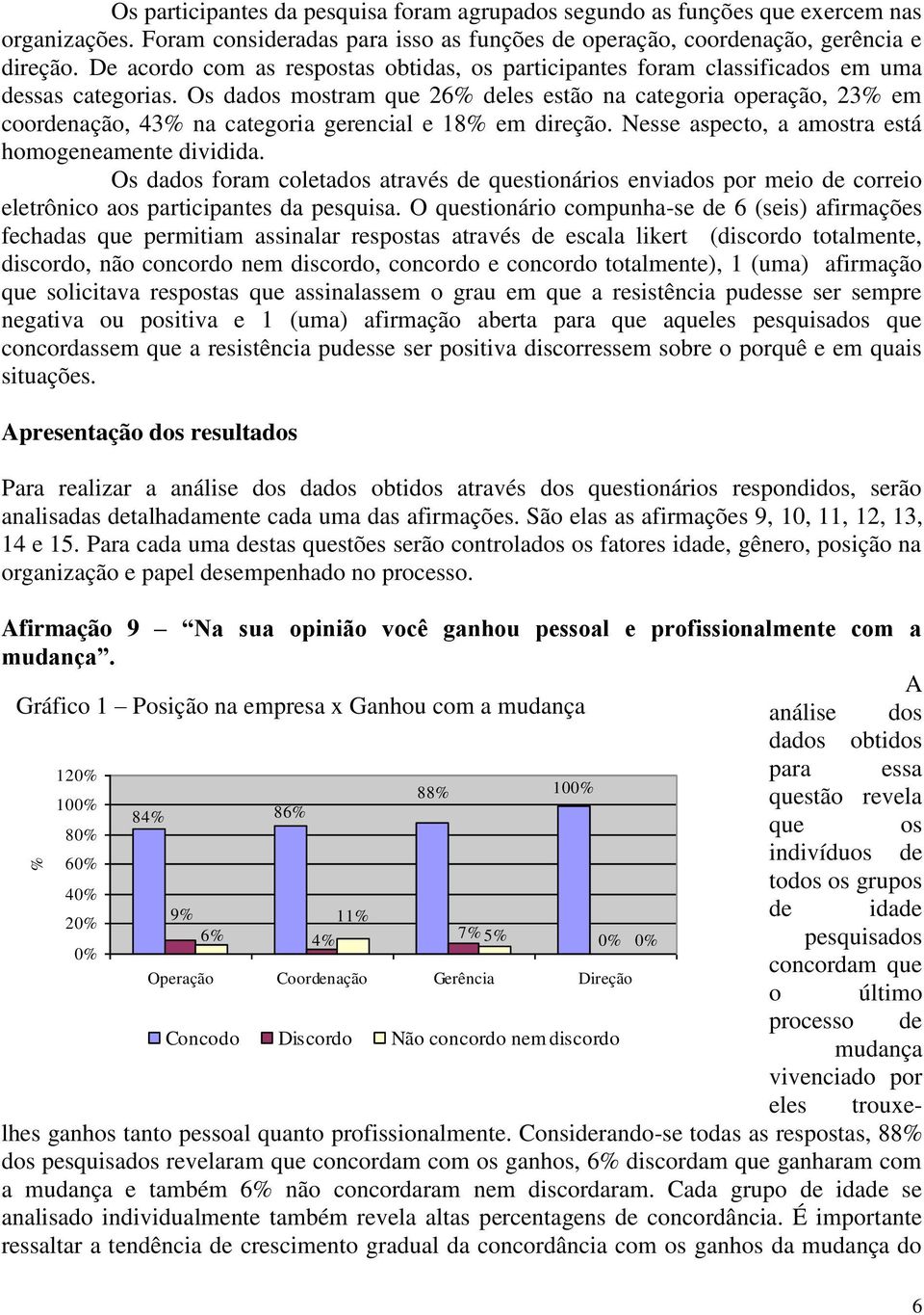 Os dados mostram que 26% deles estão na categoria operação, 23% em coordenação, 43% na categoria gerencial e 18% em direção. Nesse aspecto, a amostra está homogeneamente dividida.