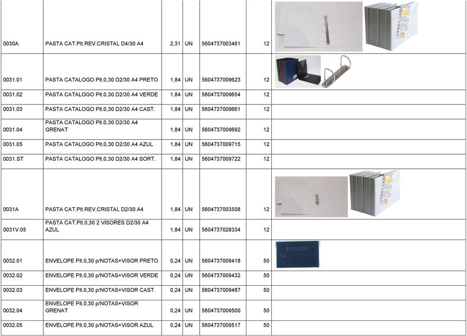 05 PASTA CATALOGO Plt.0,30 D2/30 A4 AZUL 1,84 UN 5604737009715 12 0031.ST PASTA CATALOGO Plt.0,30 D2/30 A4 SORT. 1,84 UN 5604737009722 12 0031A PASTA CAT.Plt.REV.