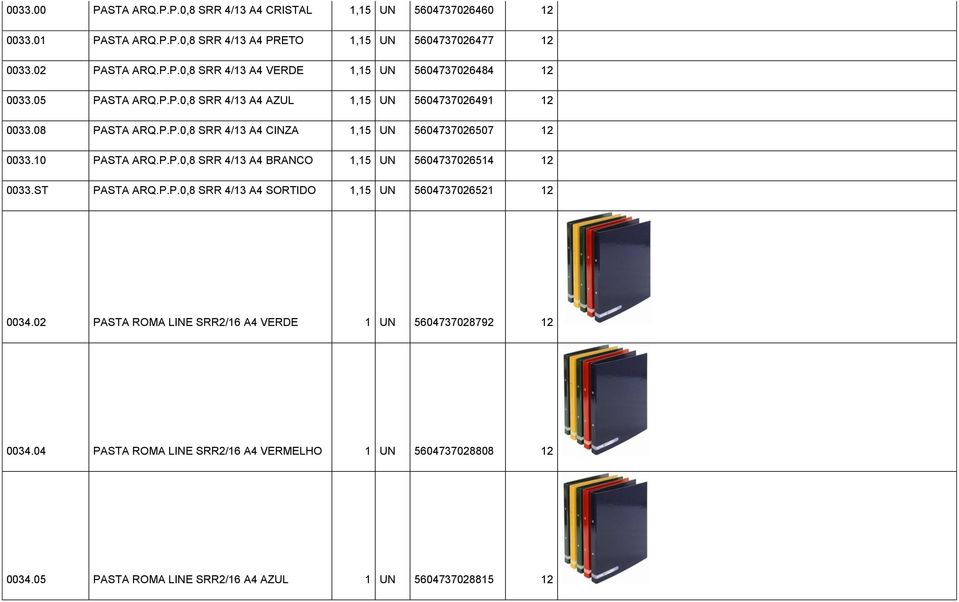 ST PASTA ARQ.P.P.0,8 SRR 4/13 A4 SORTIDO 1,15 UN 5604737026521 12 0034.02 PASTA ROMA LINE SRR2/16 A4 VERDE 1 UN 5604737028792 12 0034.