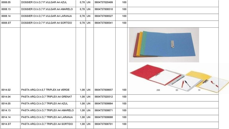 05 PASTA ARQ.Ct.h.O,7 TRIPLEX A4 AZUL 1,08 UN 5604737008664 100 0014.13 PASTA ARQ.Ct.h.O,7 TRIPLEX A4 AMARELO 1,08 UN 5604737008671 100 0014.14 PASTA ARQ.Ct.h.O,7 TRIPLEX A4 LARANJA 1,08 UN 5604737008688 100 0014.