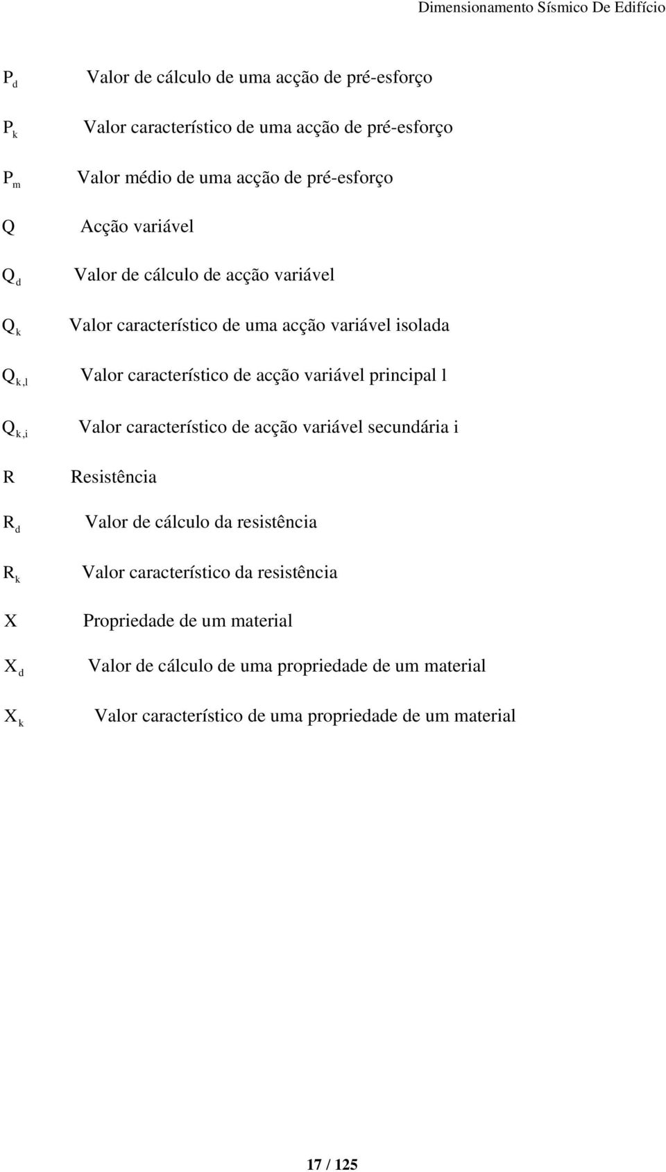 principal l Q k, i Valor característico de acção variável secundária i R R d Resistência Valor de cálculo da resistência R k Valor característico da