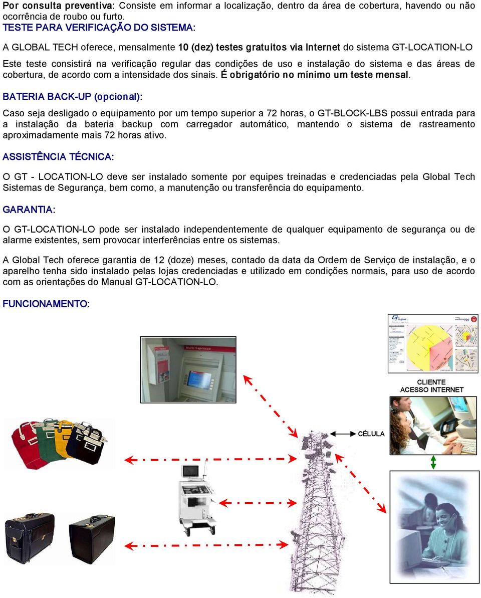 uso e instalação do sistema e das áreas de cobertura, de acordo com a intensidade dos sinais. É obrigatório no mínimo um teste mensal.