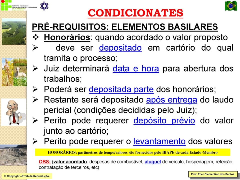 decididas pelo Juiz); Perito pode requerer depósito prévio do valor junto ao cartório; Perito pode requerer o levantamento dos valores HONORÁRIOS: parâmetros de