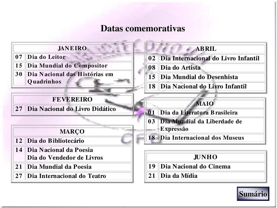 Internacional do Teatro ABRIL 02 Dia Internacional do Livro Infantil 08 Dia do Artista 15 Dia Mundial do Desenhista 18 Dia Nacional do Livro