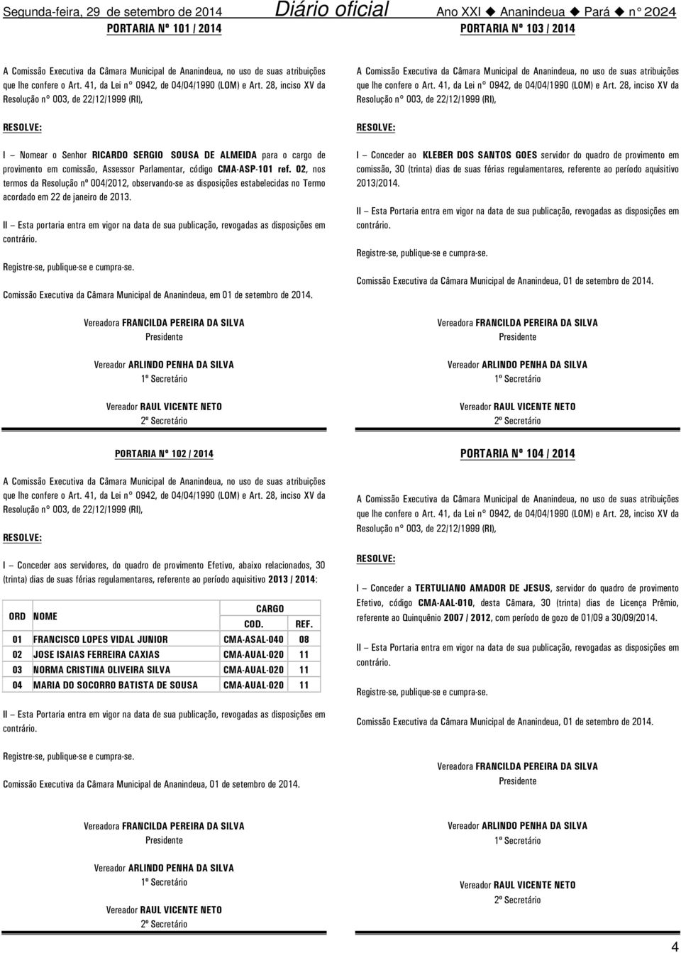 II Esta portaria entra em vigor na data de sua publicação, revogadas as disposições em Comissão Executiva da Câmara Municipal de Ananindeua, em 01 de setembro de 2014.