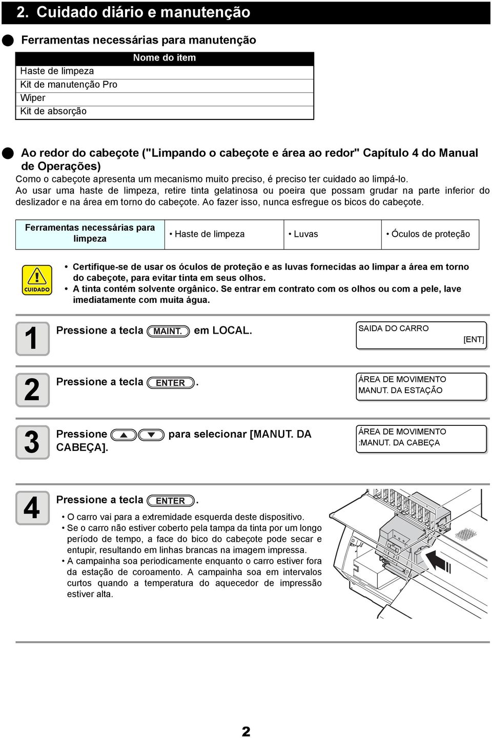 Ao usar uma haste de limpeza, retire tinta gelatinosa ou poeira que possam grudar na parte inferior do deslizador e na área em torno do cabeçote. Ao fazer isso, nunca esfregue os bicos do cabeçote.