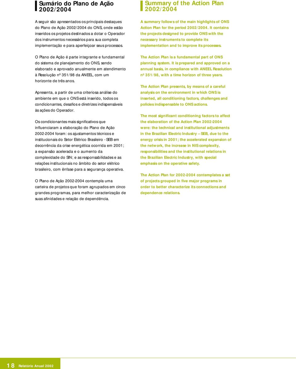 O Plano de Ação é parte integrante e fundamental do sistema de planejamento do ONS, sendo elaborado e aprovado anualmente em atendimento à Resolução nº 351/98 da ANEEL, com um horizonte de três anos.