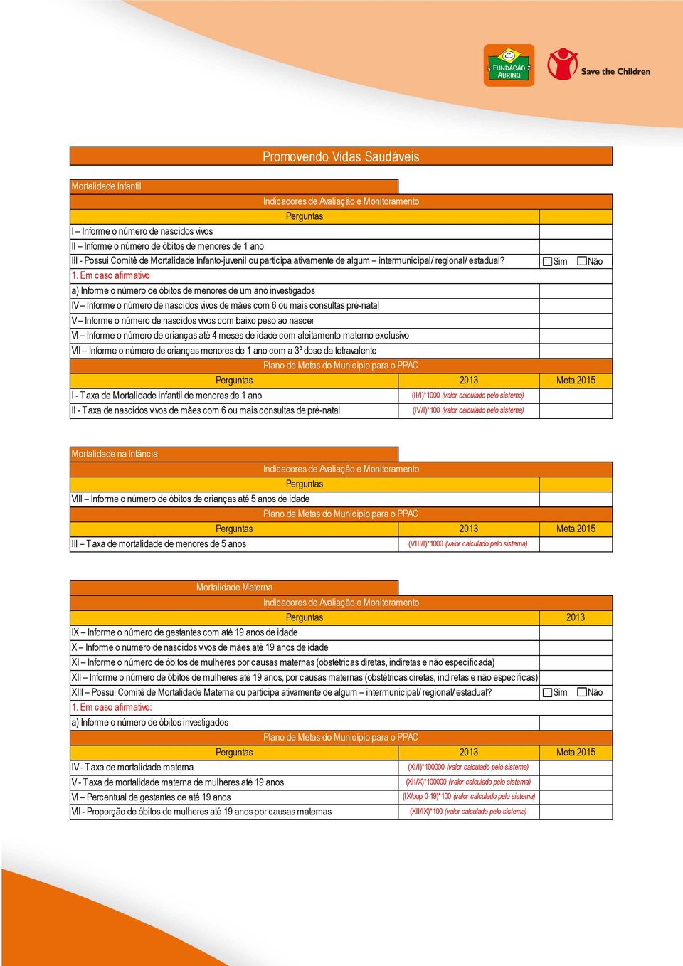 Em caso afirmativo a) Informe o número de óbitos de menores de um ano investigados V Informe o número de nascidos vivos com baixo peso ao nascer I - Taxa de Mortalidade infantil de menores de 1 ano