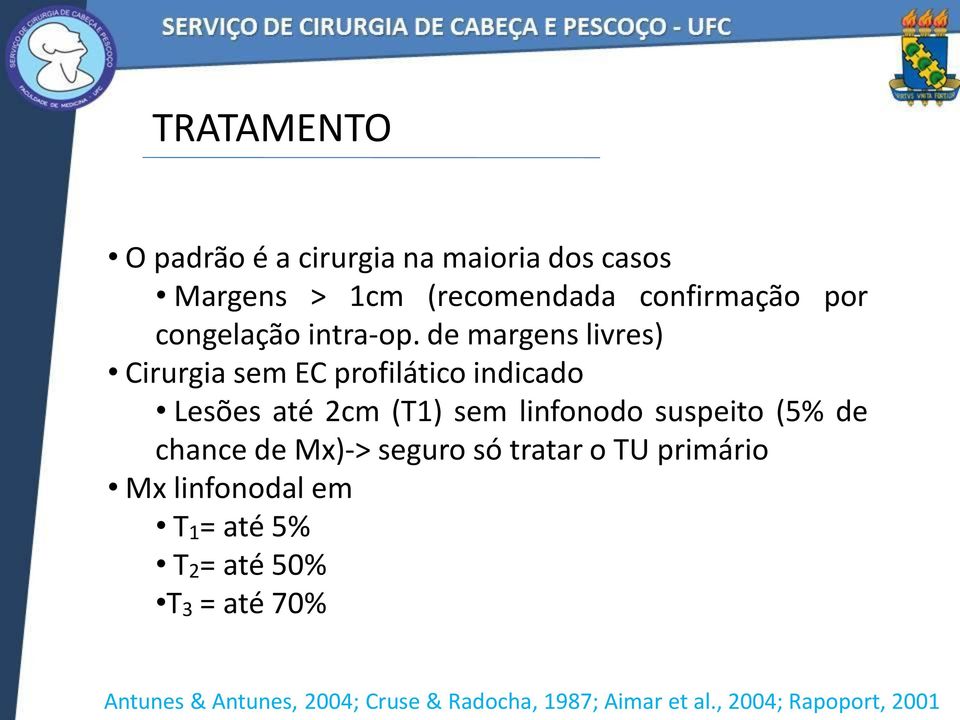 de margens livres) Cirurgia sem EC profilático indicado Lesões até 2cm (T1) sem linfonodo suspeito (5%