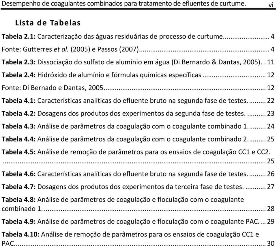 .. 12 Fonte: Di Bernado e Dantas, 2005.... 12 Tabela 4.1: Características analíticas do efluente bruto na segunda fase de testes.... 22 Tabela 4.