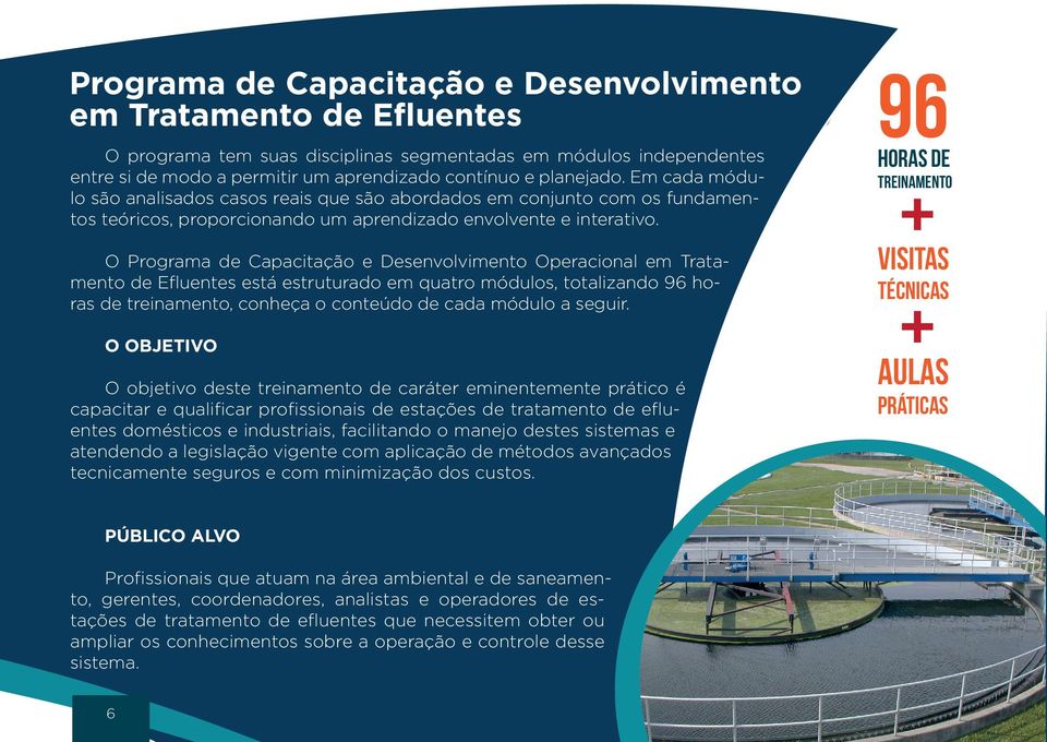 O Programa de Capacitação e Desenvolvimento Operacional em Tratamento de Efluentes está estruturado em quatro módulos, totalizando 96 horas de treinamento, conheça o conteúdo de cada módulo a seguir.