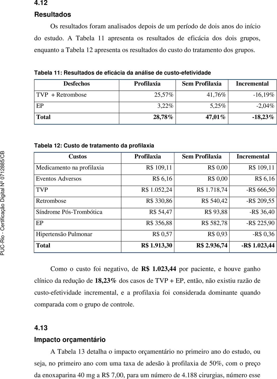 Tabela 11: Resultados de eficácia da análise de custo-efetividade Desfechos Profilaxia Sem Profilaxia Incremental TVP + Retrombose 25,57% 41,76% -16,19% EP 3,22% 5,25% -2,04% Total 28,78% 47,01%