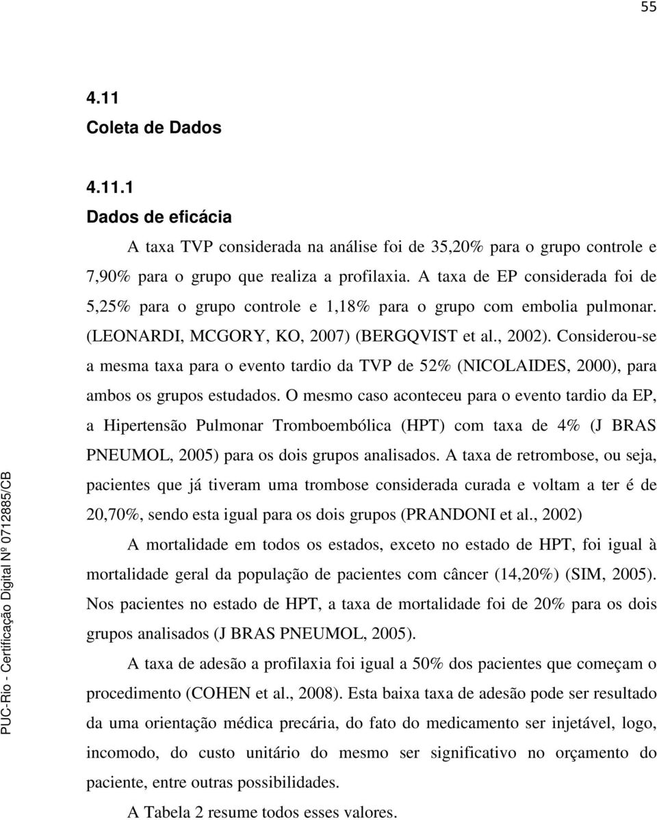 Considerou-se a mesma taxa para o evento tardio da TVP de 52% (NICOLAIDES, 2000), para ambos os grupos estudados.