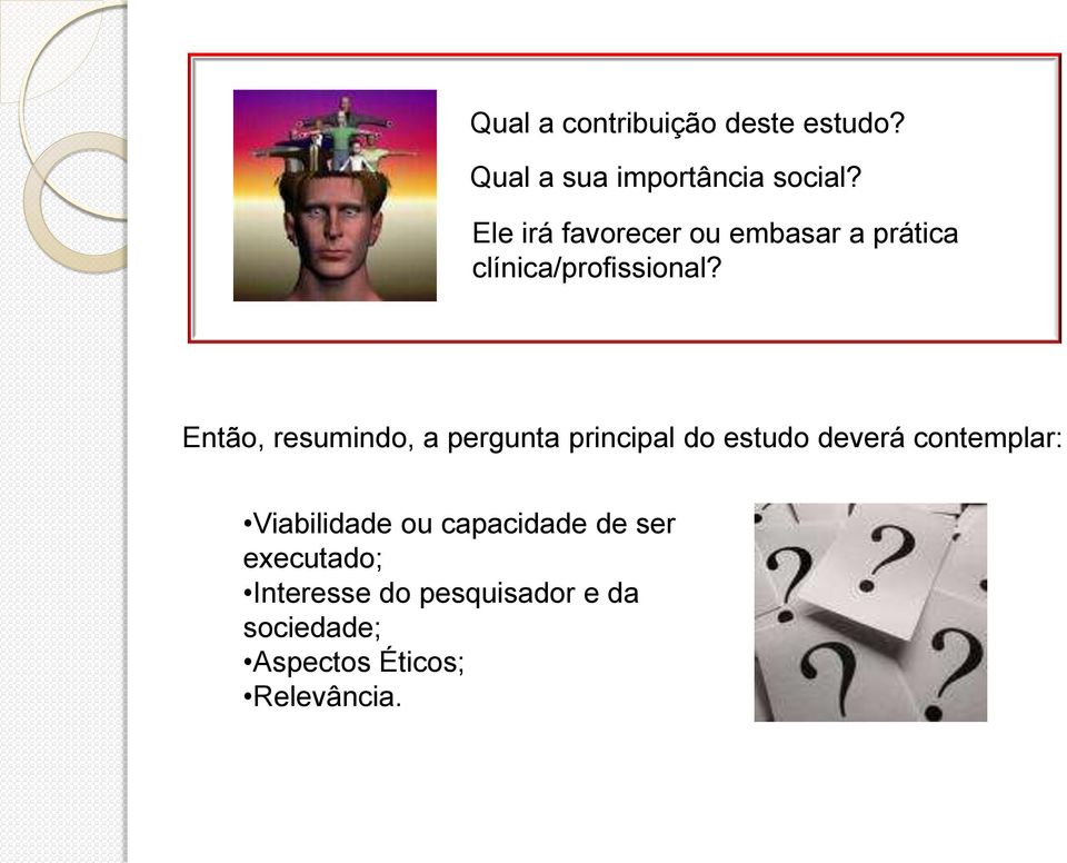 Então, resumindo, a pergunta principal do estudo deverá contemplar: