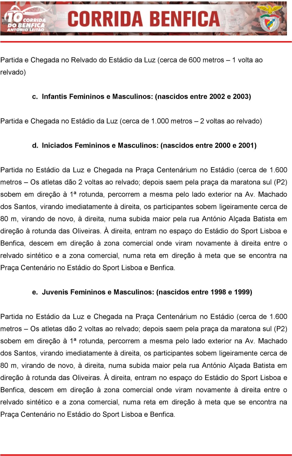 Iniciados Femininos e Masculinos: (nascidos entre 2000 e 2001) Partida no Estádio da Luz e Chegada na Praça Centenárium no Estádio (cerca de 1.