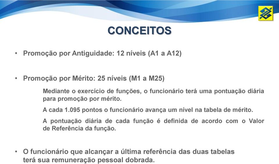 095 pontos o funcionário avança um nível na tabela de mérito.