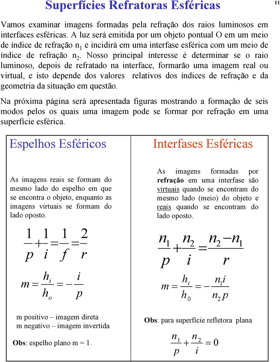 Nosso prncpal nteresse é determnar se o rao lumnoso, depos de refratado na nterface, formarão uma magem real ou vrtual, e sto depende dos valores relatvos dos índces de refração e da geometra da