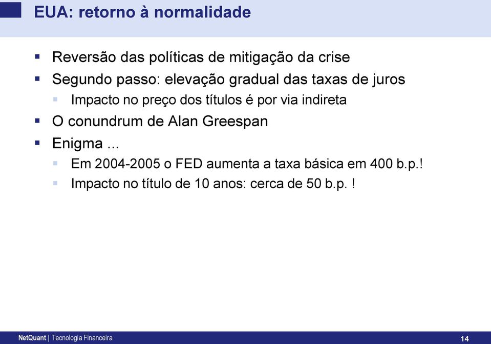 conundrum de Alan Greespan Enigma... Em 2004-2005 o FED aumenta a taxa básica em 400 b.