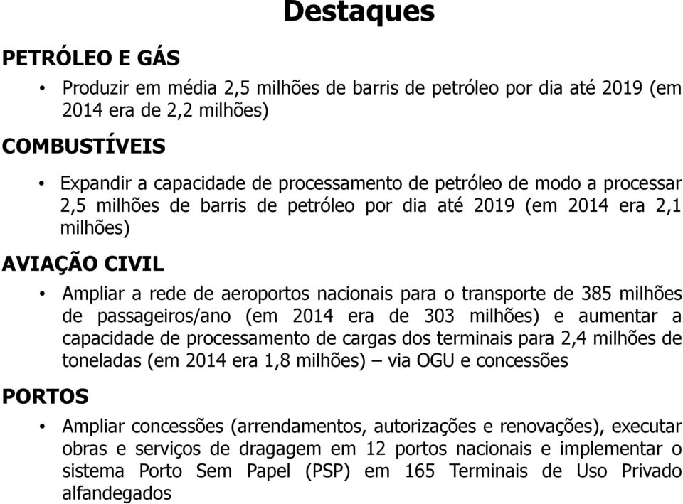 2014 era de 303 milhões) e aumentar a capacidade de processamento de cargas dos terminais para 2,4 milhões de toneladas (em 2014 era 1,8 milhões) via OGU e concessões PORTOS Destaques Ampliar