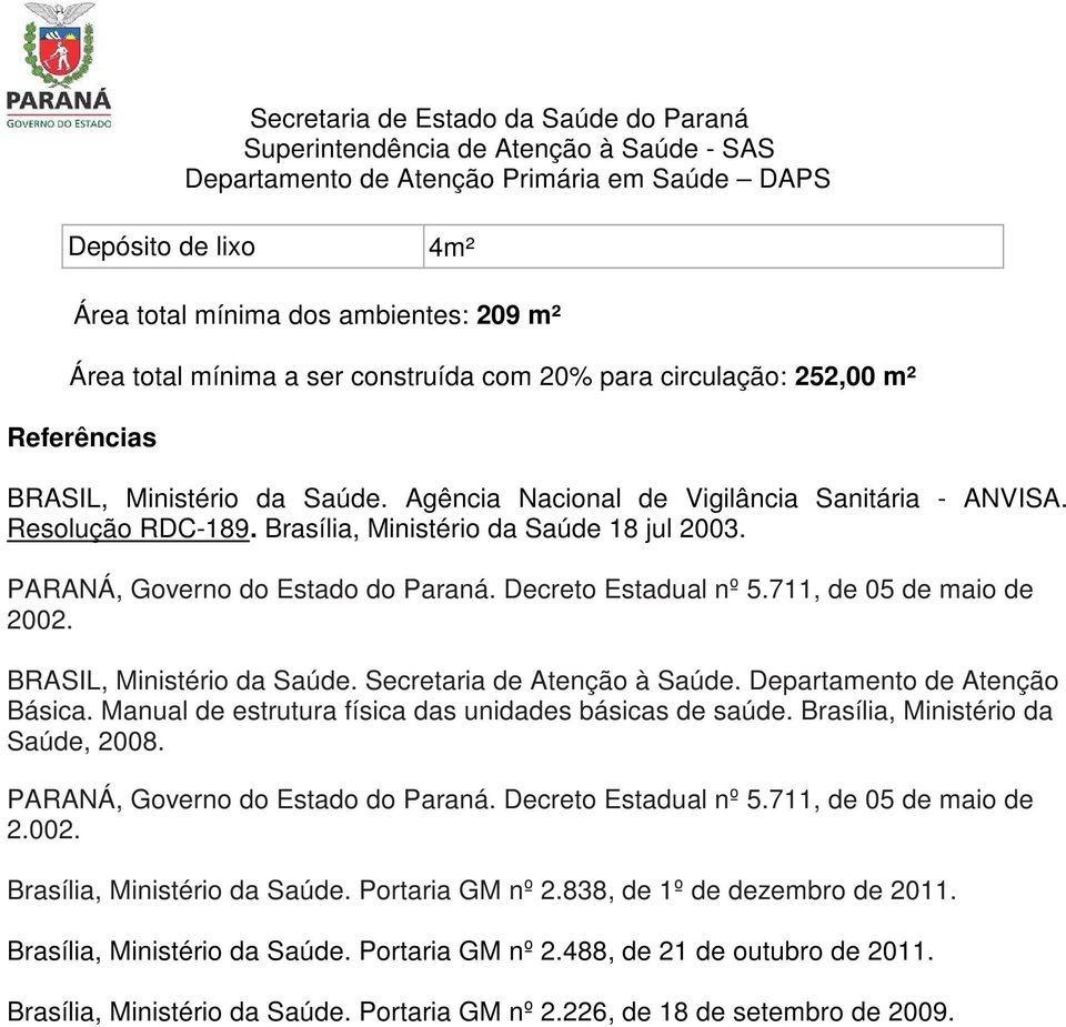 BRASIL, Ministério da Saúde. Secretaria de Atenção à Saúde. Departamento de Atenção Básica. Manual de estrutura física das unidades básicas de saúde. Brasília, Ministério da Saúde, 2008.