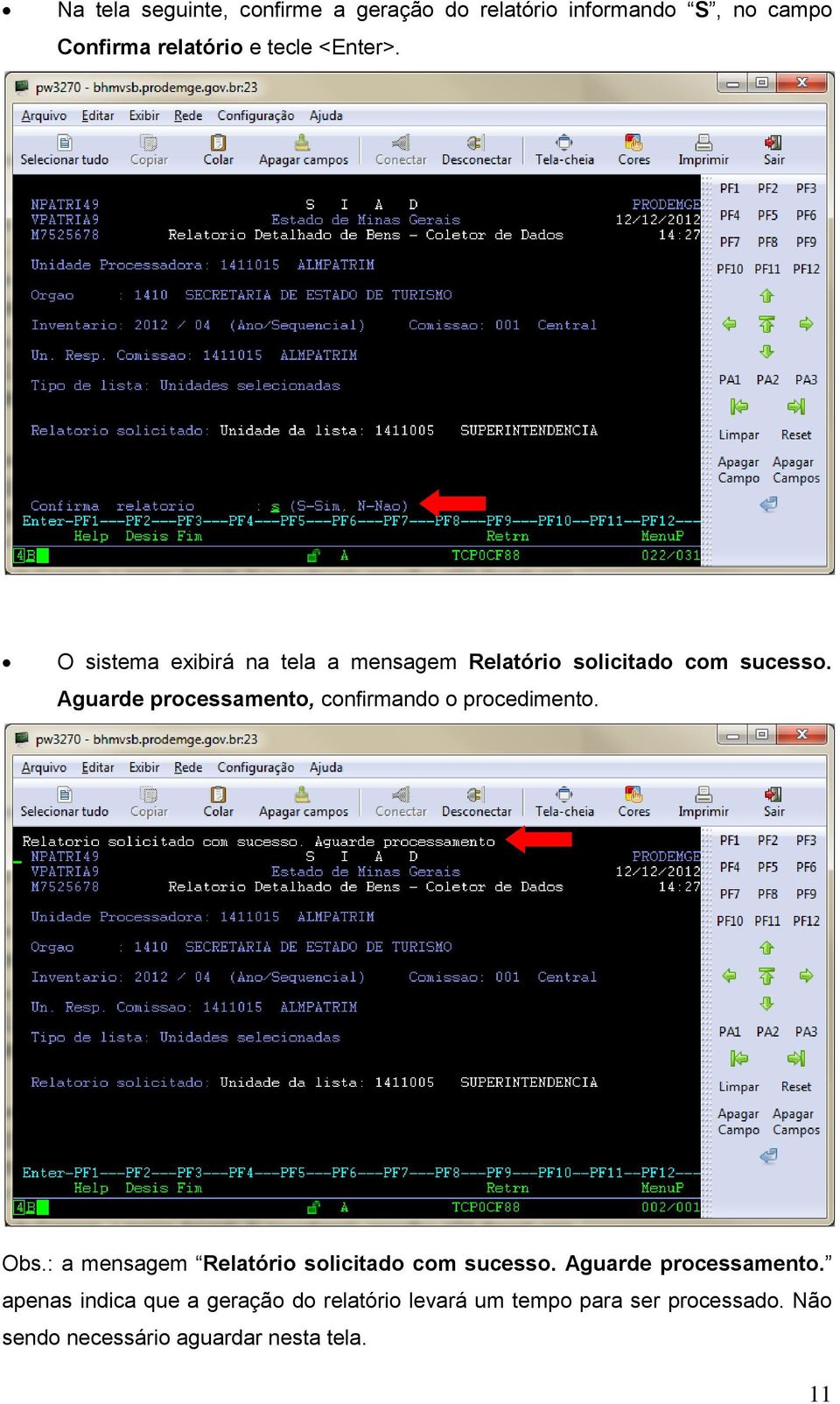 Aguarde processamento, confirmando o procedimento. Obs.: a mensagem Relatório solicitado com sucesso.