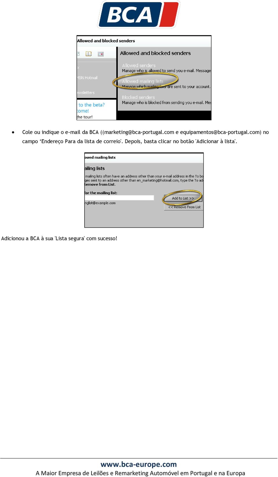 com) no campo Endereço Para da lista de correio'.