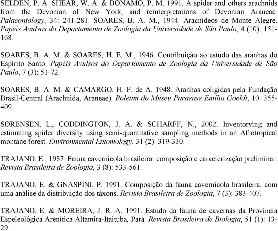 Contribuição ao estudo das aranhas do Espírito Santo. Papéis Avulsos do Departamento de Zoologia da Universidade de São Paulo, 7 (3): 51-72. SOARES, B. A. M. & CAMARGO, H. F. de A. 1948.