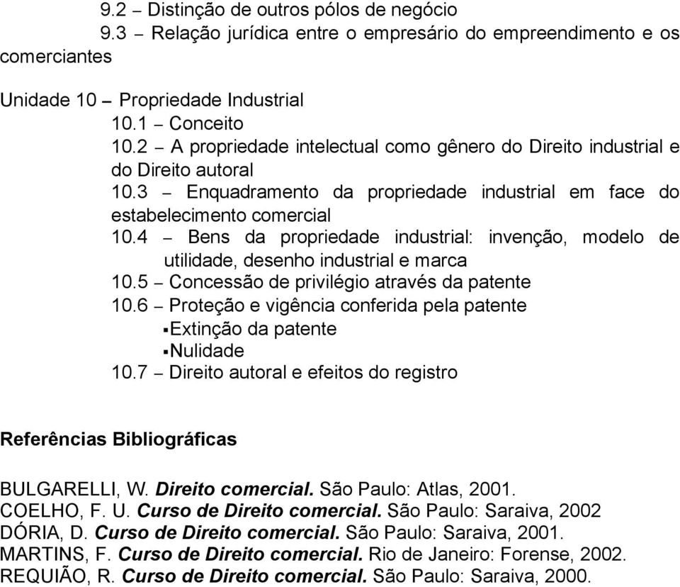 4 Bens da propriedade industrial: invenção, modelo de utilidade, desenho industrial e marca 10.5 Concessão de privilégio através da patente 10.