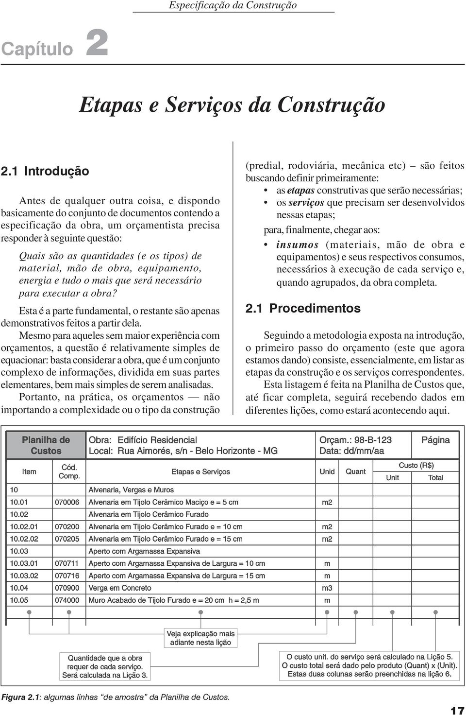 quantidades (e os tipos) de material, mão de obra, equipamento, energia e tudo o mais que será necessário para executar a obra?