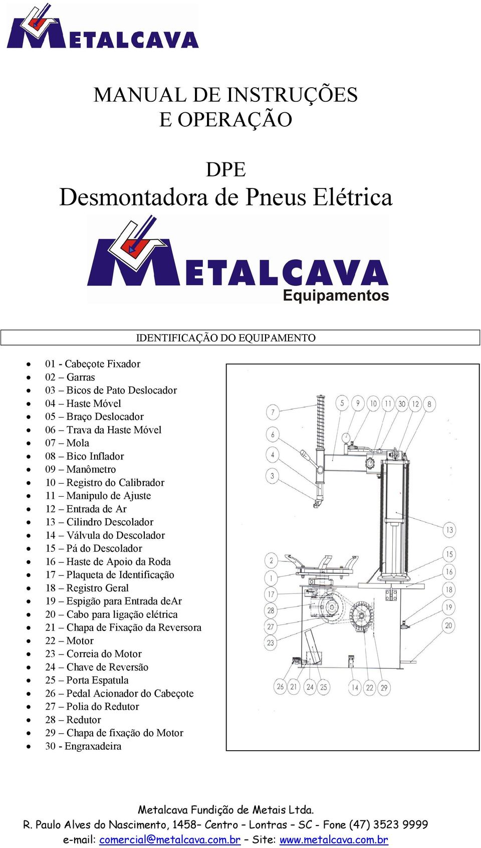 Haste de Apoio da Roda 17 Plaqueta de Identificação 18 Registro Geral 19 Espigão para Entrada dear 20 Cabo para ligação elétrica 21 Chapa de Fixação da Reversora 22 Motor 23 Correia