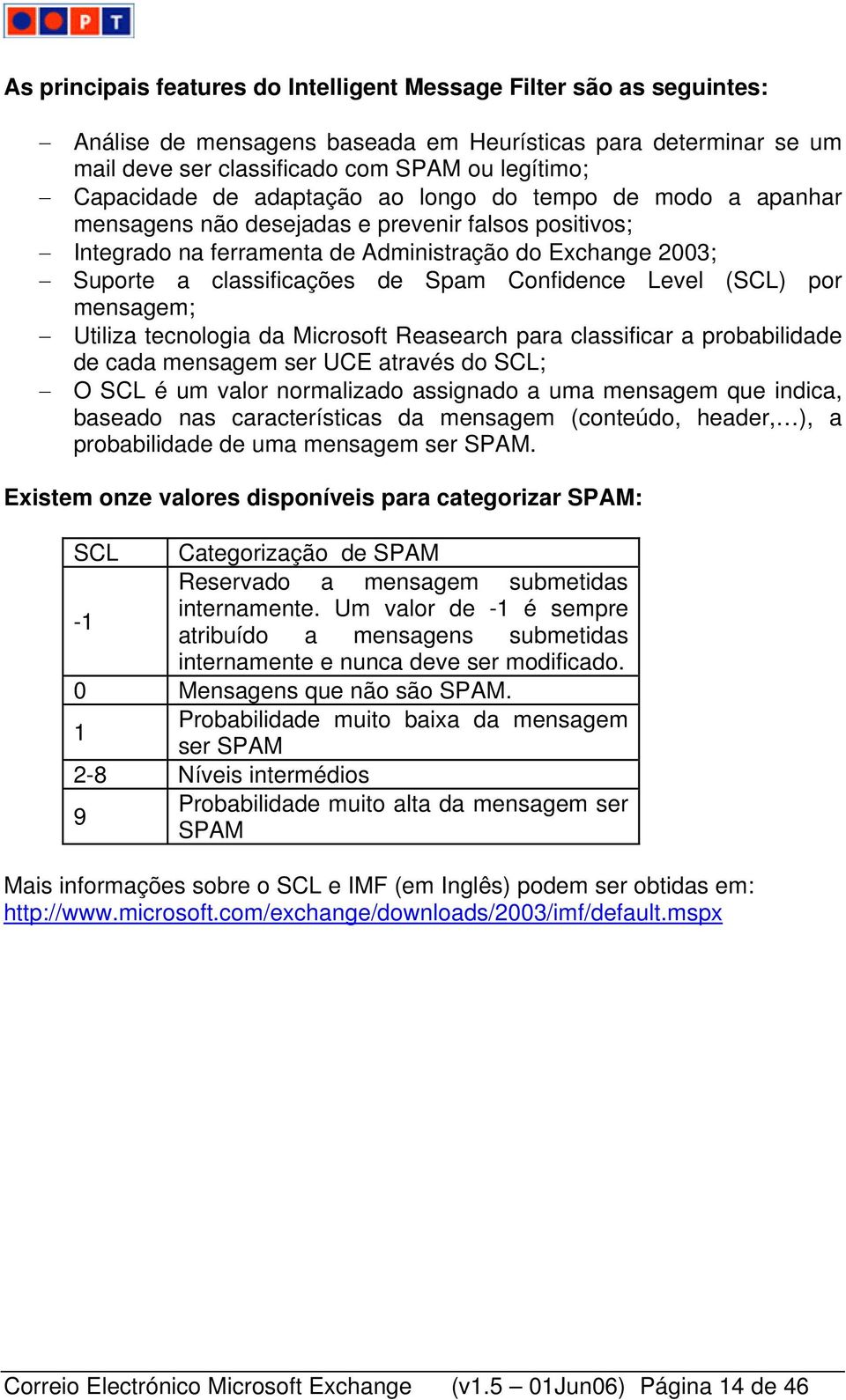 Confidence Level (SCL) por mensagem; Utiliza tecnologia da Microsoft Reasearch para classificar a probabilidade de cada mensagem ser UCE através do SCL; O SCL é um valor normalizado assignado a uma