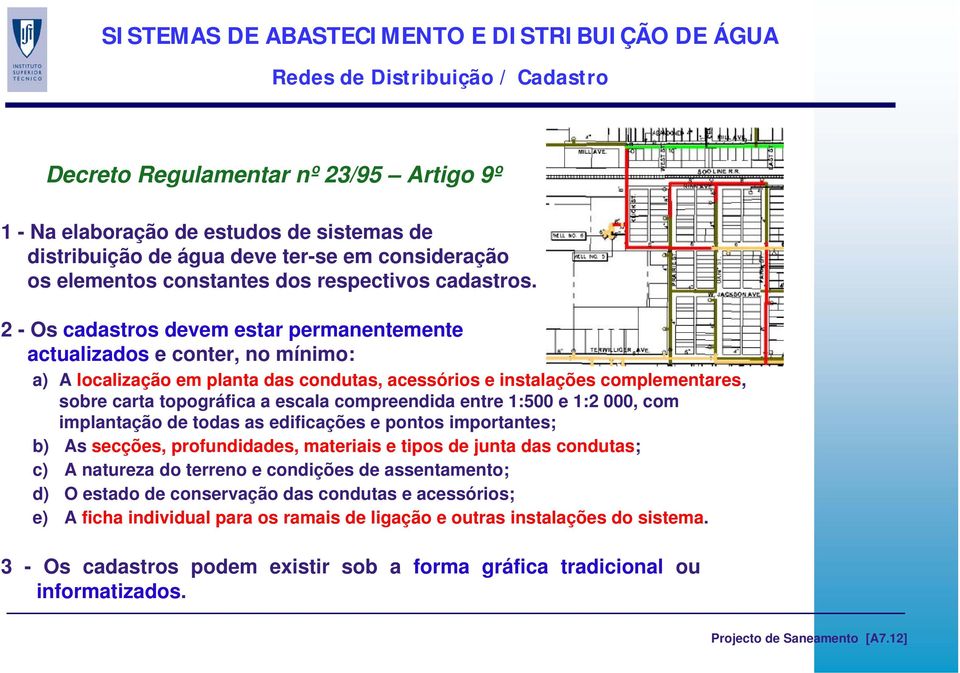 2 - Os cadastros devem estar permanentemente actualizados e conter, no mínimo: a) A localização em planta das condutas, acessórios e instalações complementares, sobre carta topográfica a escala