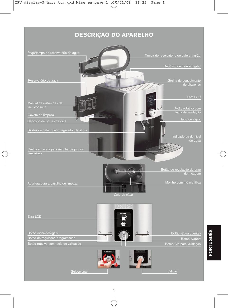 aquecimento de chávenas Ecrã LCD Manual de instruções de fácil consulta Gaveta de limpeza Depósito de borras de café Botão rotativo com tecla de validação Tubo de vapor Saídas de café, punho