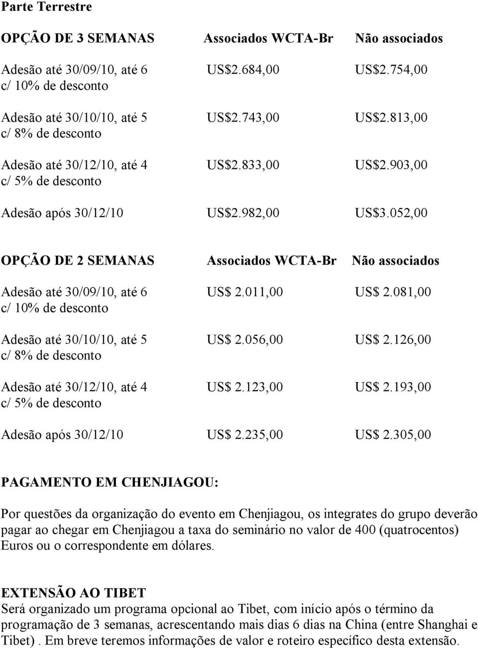 052,00 OPÇÃO DE 2 SEMANAS Adesão até 30/09/10, até 6 c/ 10% de desconto Adesão até 30/10/10, até 5 c/ 8% de desconto Adesão até 30/12/10, até 4 c/ 5% de desconto Adesão após 30/12/10 Associados