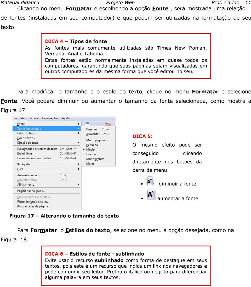 DICA 4 Tipos de fonte As fontes mais comumente utilizadas são Times New Roman, Verdana, Arial e Tahoma.