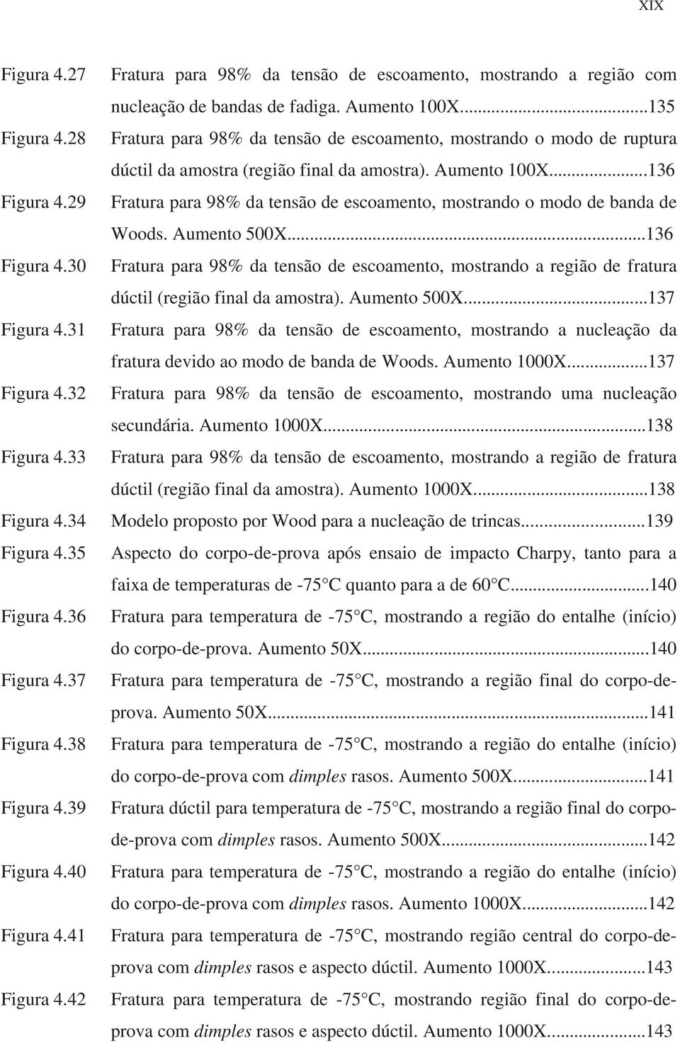 ..135 Fratura para 98% da tensão de escoamento, mostrando o modo de ruptura dúctil da amostra (região final da amostra). Aumento 100X.