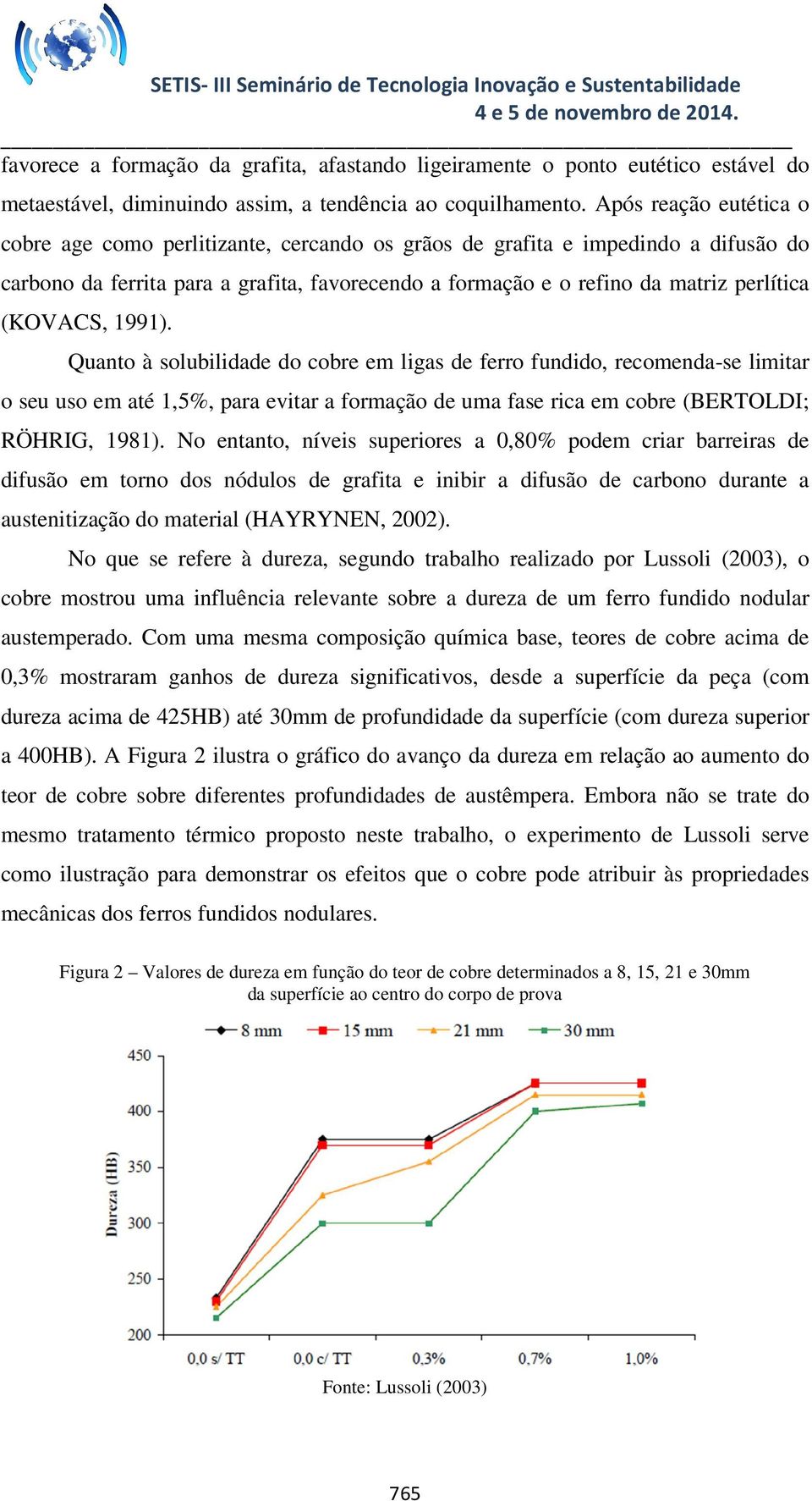 (KOVACS, 1991). Quanto à solubilidade do cobre em ligas de ferro fundido, recomenda-se limitar o seu uso em até 1,5%, para evitar a formação de uma fase rica em cobre (BERTOLDI; RÖHRIG, 1981).