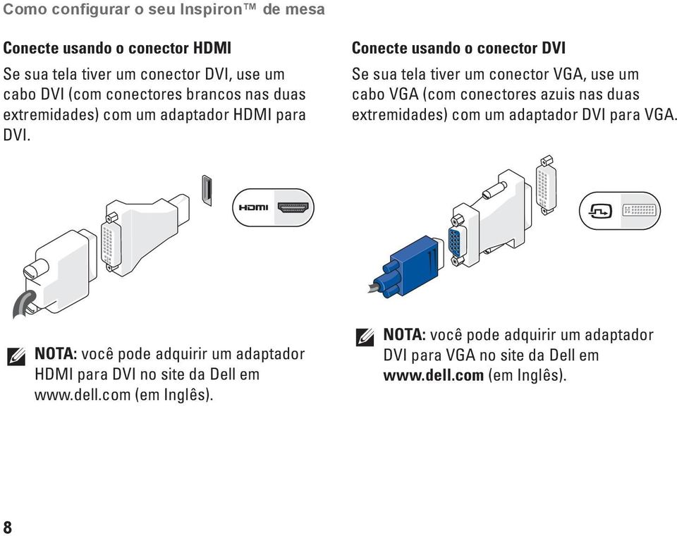 Conecte usando o conector DVI Se sua tela tiver um conector VGA, use um cabo VGA (com conectores azuis nas duas extremidades) com um