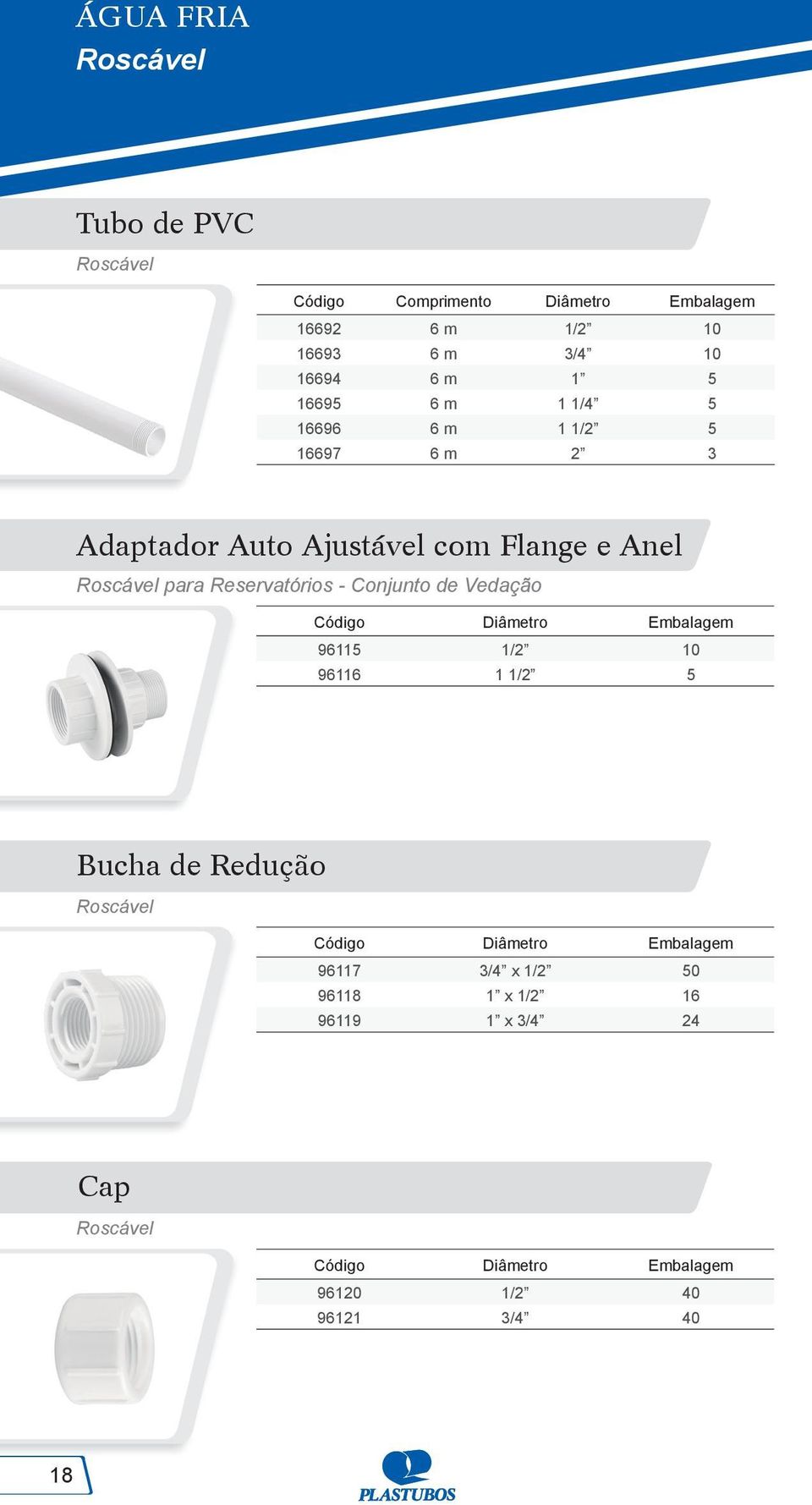 Flange e Anel Roscável para Reservatórios - Conjunto de Vedação 96115 1/2 10 96116 1 1/2 5 Bucha de