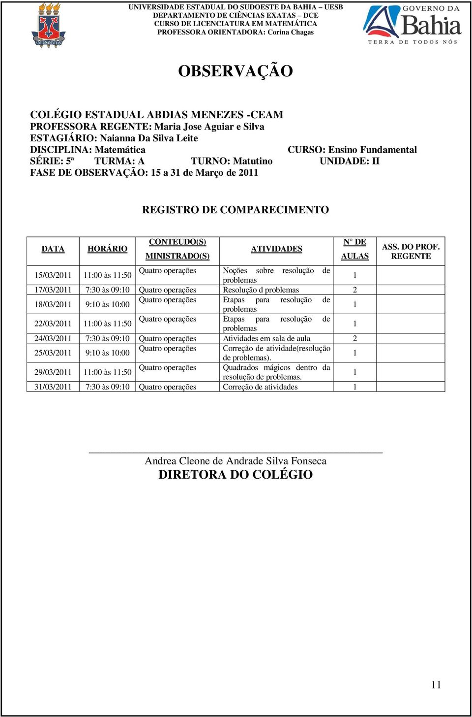 operações Noções sobre resolução de problemas 1 17/03/2011 7:30 às 09:10 Quatro operações Resolução d problemas 2 18/03/2011 9:10 às 10:00 Quatro operações Etapas para resolução de problemas 1