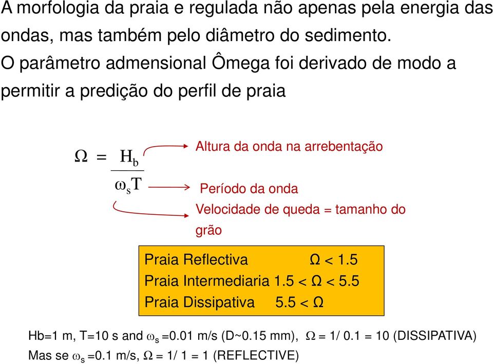 arrebentação Período da onda Velocidade de queda = tamanho do grão Praia Reflectiva Ω < 1.5 Praia Intermediaria 1.5 < Ω < 5.