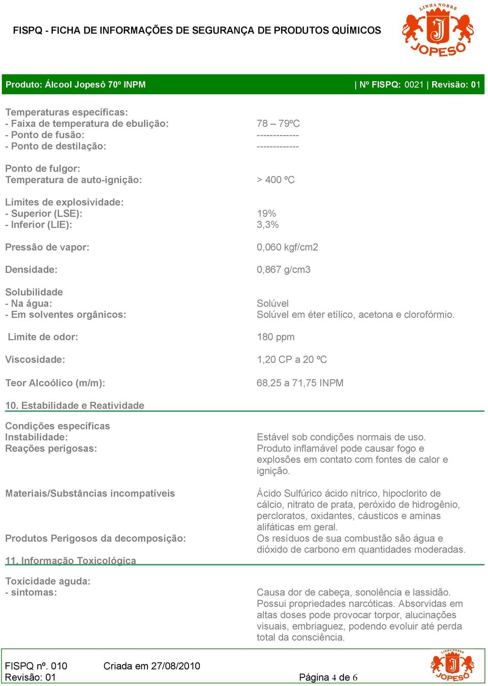 Solúvel - Em solventes orgânicos: Solúvel em éter etílico, acetona e clorofórmio. Limite de odor: 180 ppm Viscosidade: 1,20 CP a 20 ºC Teor Alcoólico (m/m): 68,25 a 71,75 INPM 10.